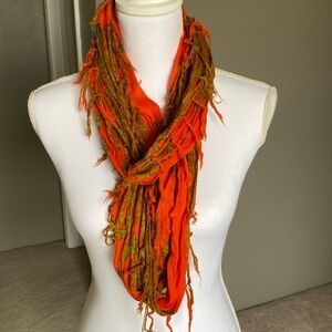 Boho-look Infinity Scarf, orange and khaki green with fringe on both ends